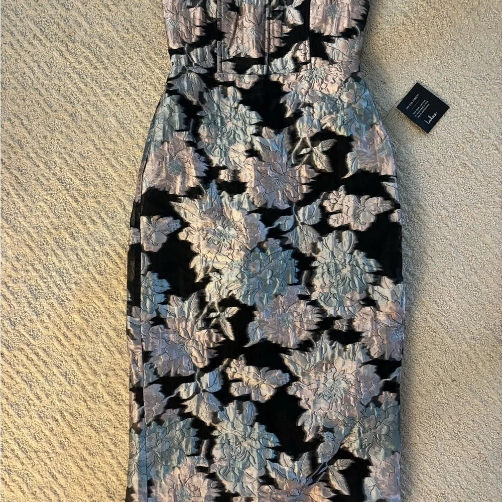 Lulus Upgraded Event Black Jacquard Strapless Bustier Midi Dress - Picture 4 of 5